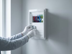 Elektricien met witte handschoenen past stroomonderbreker aan in moderne witte meterkast met gekleurde draden