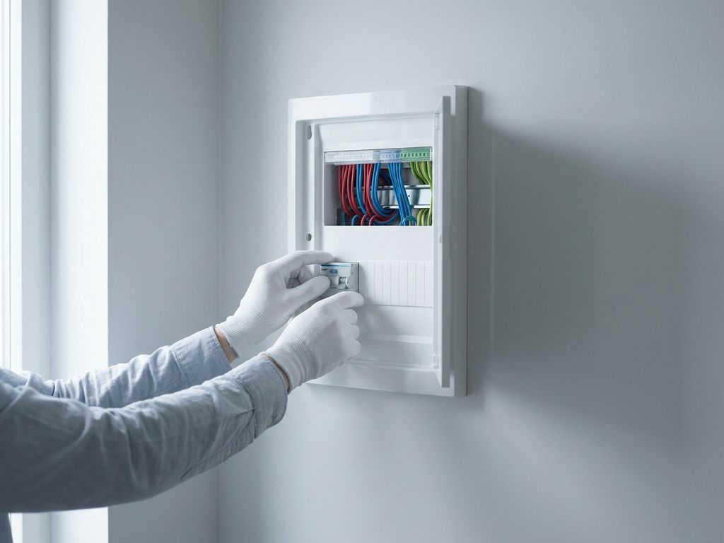 Elektricien met witte handschoenen past stroomonderbreker aan in moderne witte meterkast met gekleurde draden