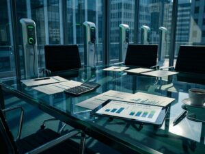 Glazen vergadertafel met financiële documenten en tablet met laadstation-kostengrafiek, elektrische laadpalen op achtergrond