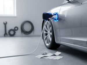 Witte oplaadkabel in elektrische auto-poort met rekeningen en onderhoudskosten op betonnen vloer