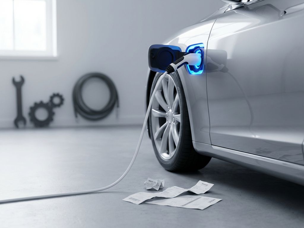 Witte oplaadkabel in elektrische auto-poort met rekeningen en onderhoudskosten op betonnen vloer