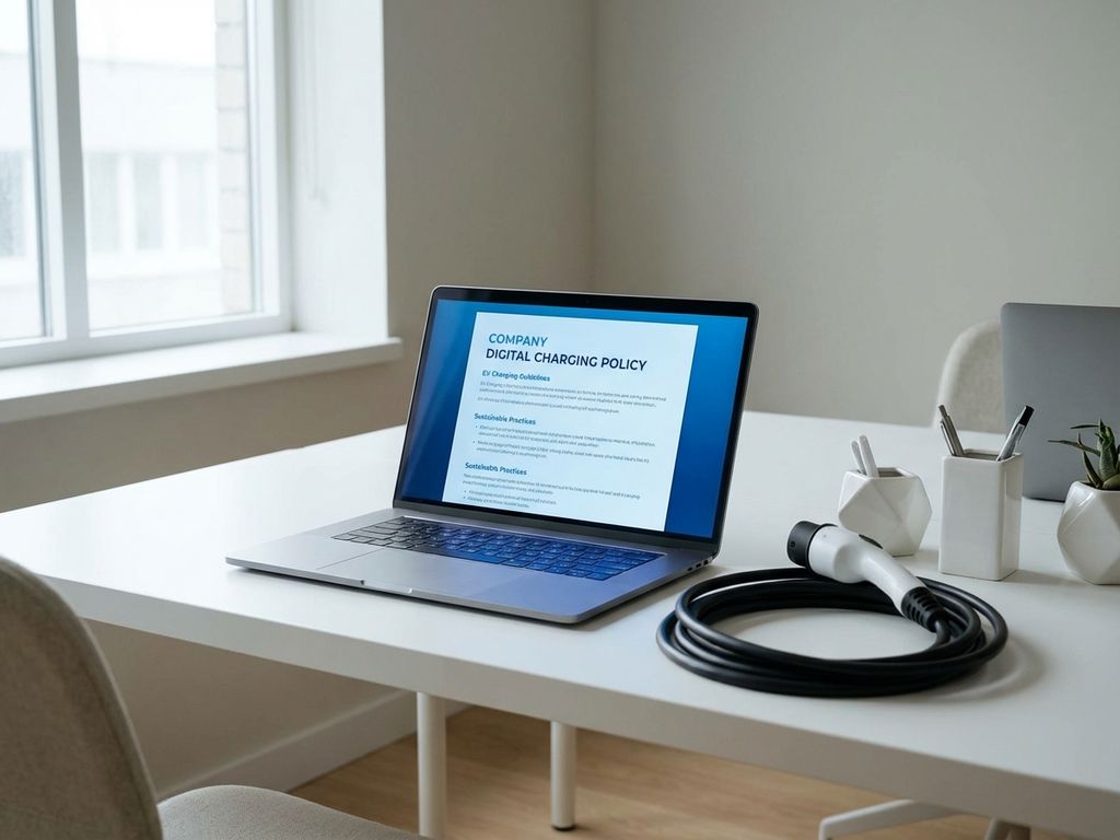 Moderne werkplek met laptop met digitaal laadbeleid en opgerolde EV-laadkabel op wit bureau