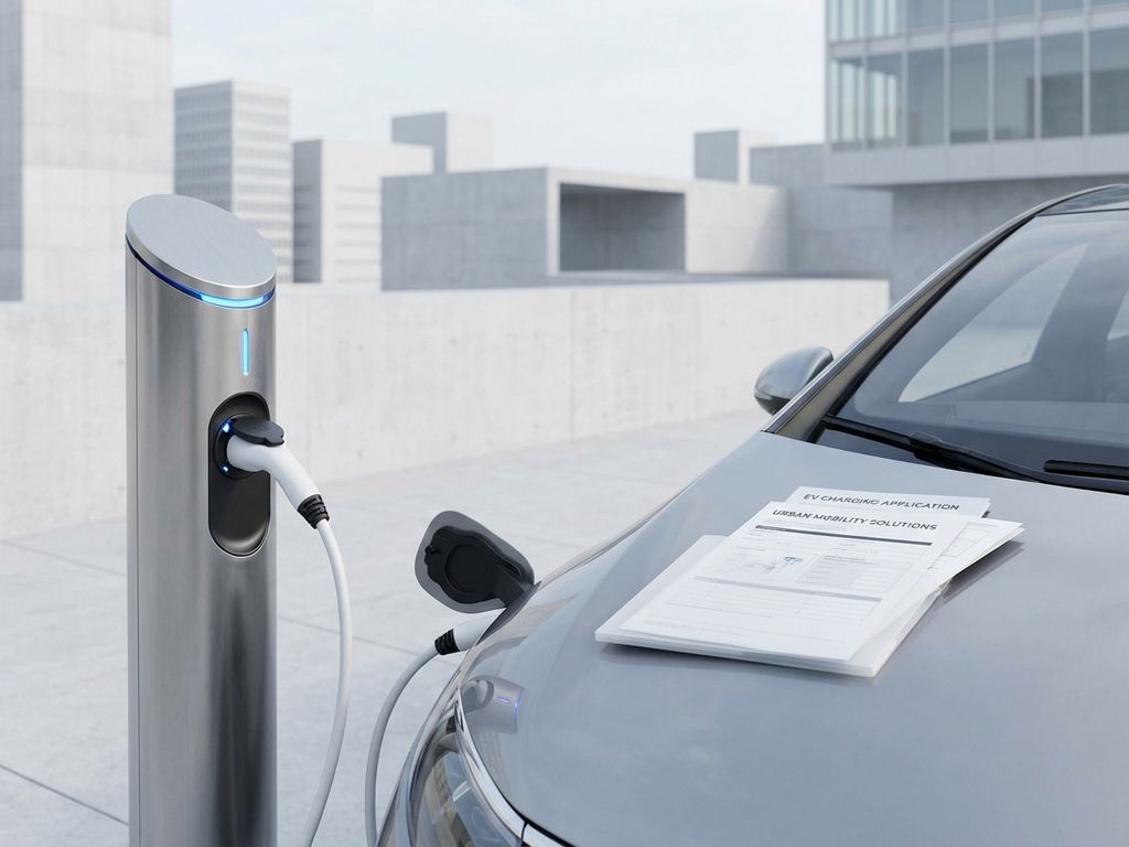 Moderne elektrische auto bij laadstation met aanvraagformulieren op motorkap in stedelijke omgeving