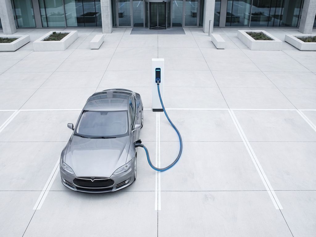 Elektrische auto bij witte laadpaal in moderne parkeergarage met geometrische lijnen en blauwe laadindicator