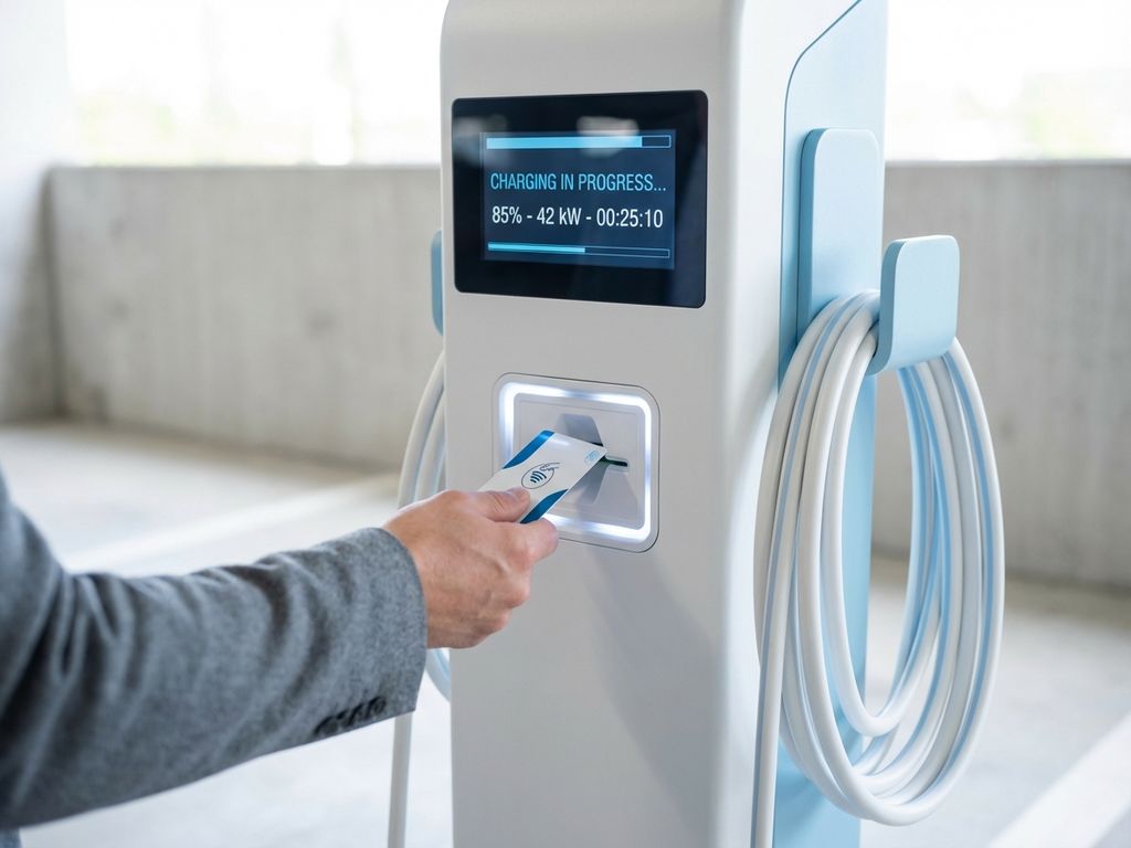 Hand steekt betaalkaart in moderne elektrische laadpaal met digitaal display en opgerolde laadkabel