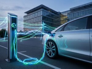 Elektrische auto verbonden met moderne laadpaal via gloeiende kabel, blauwe energiegolven tonen bidirectionele stroom