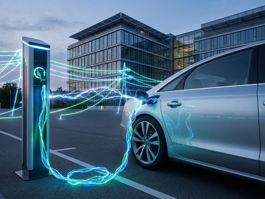 Elektrische auto verbonden met moderne laadpaal via gloeiende kabel, blauwe energiegolven tonen bidirectionele stroom