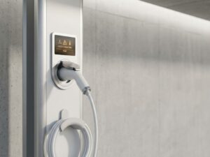 Elektrische laadpaal met waarschuwingsindicatoren en opgerolde witte kabel tegen betonnen muur