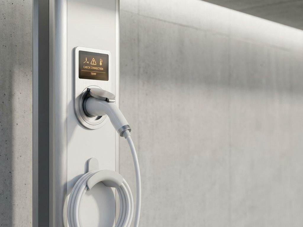 Elektrische laadpaal met waarschuwingsindicatoren en opgerolde witte kabel tegen betonnen muur