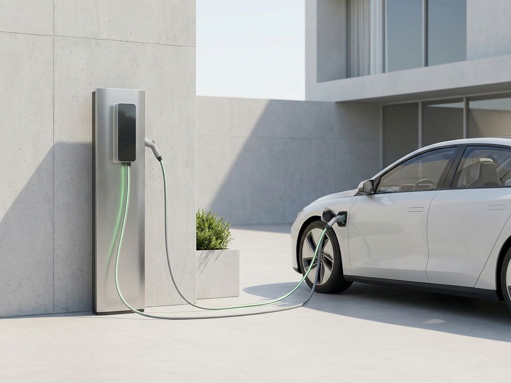 Witte elektrische auto laadt op bij moderne laadpaal met groene en grijze kabels op betonnen ondergrond