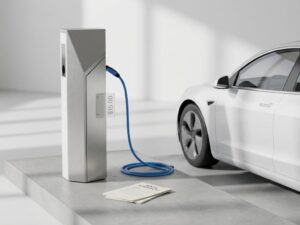 Elektrische auto wordt opgeladen bij moderne laadpaal met prijskaartje en huurcontract op betonnen ondergrond