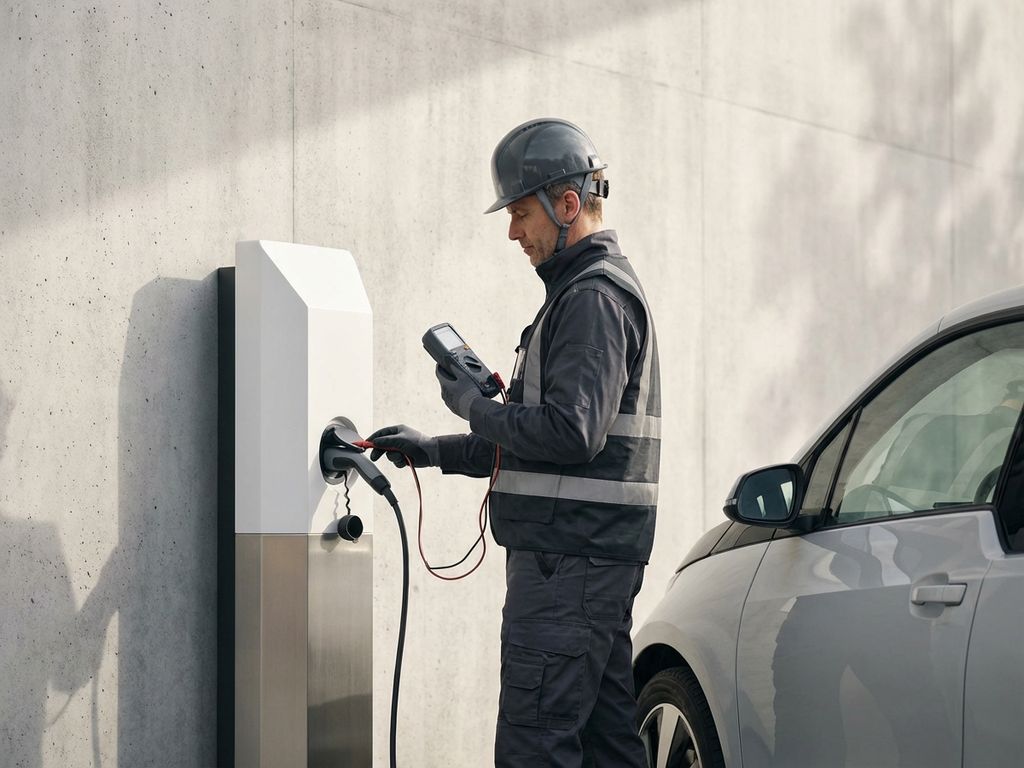 Professionele inspecteur test elektrisch voertuig laadstation met digitaal testapparaat in moderne witte ruimte