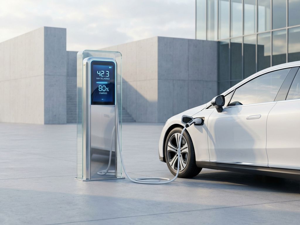 Elektrische auto wordt opgeladen bij moderne laadpaal met digitaal display in minimalistische stedelijke omgeving