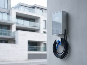 Moderne elektrische laadpaal aan betonnen muur met luxe appartementencomplex op achtergrond, blauwe laadpoort