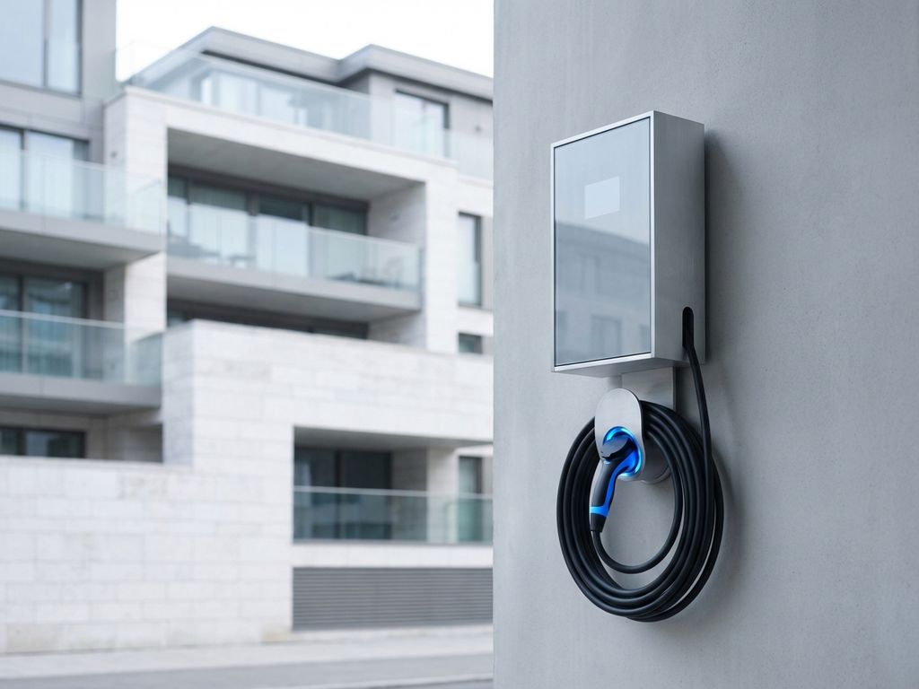 Moderne elektrische laadpaal aan betonnen muur met luxe appartementencomplex op achtergrond, blauwe laadpoort