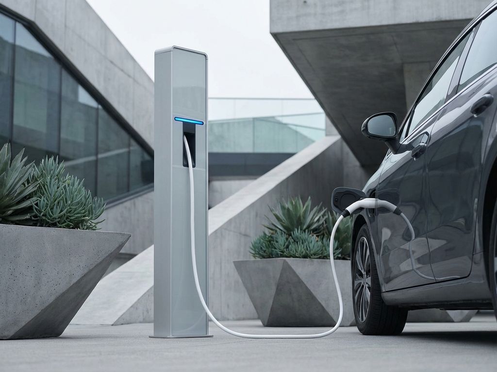 Elektrische laadpaal met witte kabel aangesloten op moderne auto, omringd door betonnen plantenbakken en minimalistische architectuur