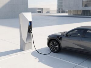Moderne elektrische laadpaal met geometrisch ontwerp, aangesloten op hedendaagse elektrische auto op wit beton
