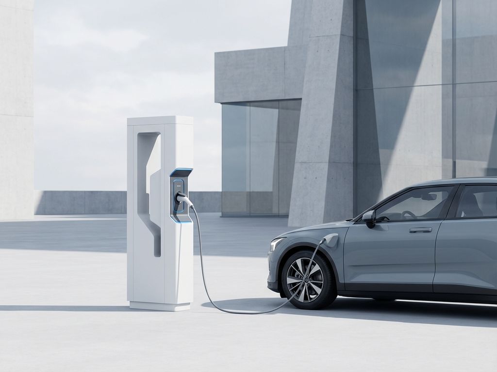 Moderne elektrische auto wordt opgeladen bij wit laadstation met blauwe accentverlichting en minimalistische architectuur