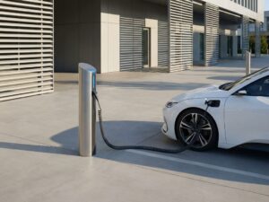 Witte elektrische auto wordt opgeladen bij moderne laadpaal in minimalistische bedrijfsparkeergarage