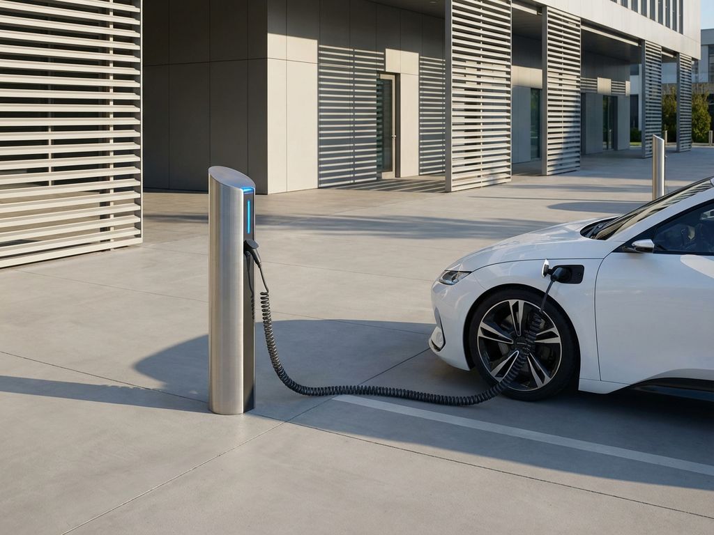 Witte elektrische auto wordt opgeladen bij moderne laadpaal in minimalistische bedrijfsparkeergarage