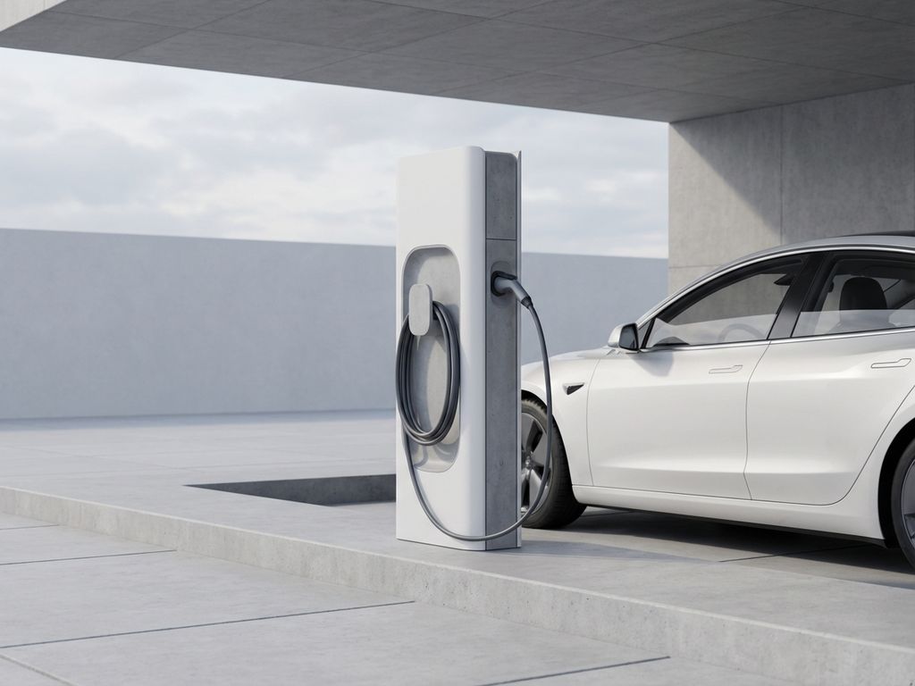 Moderne elektrische voertuig oplaadstation met wit minimalistisch ontwerp en opgerolde oplaadkabel