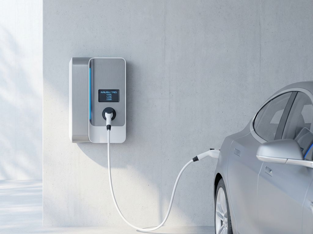 Moderne elektrische auto oplaadstation met witte kabel en digitaal display tegen betonnen muur