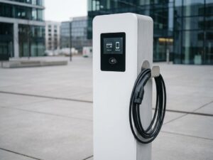 Moderne elektrische laadpaal met betaalterminal en opgerolde laadkabel in minimalistische stedelijke omgeving