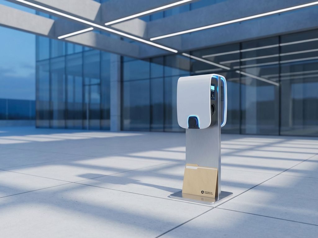 Moderne elektrische laadstation met wit minimalistisch ontwerp en overheidsdocument op betonnen vloer