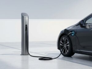 Elektrische auto wordt opgeladen bij moderne laadpaal met blauwe LED-indicatie op betonnen ondergrond