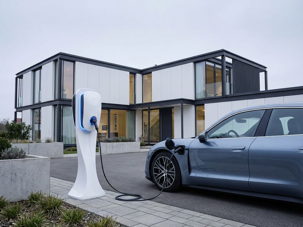 Moderne elektrische auto wordt opgeladen bij witte laadpaal voor eigentijds woongebouw met glazen gevel