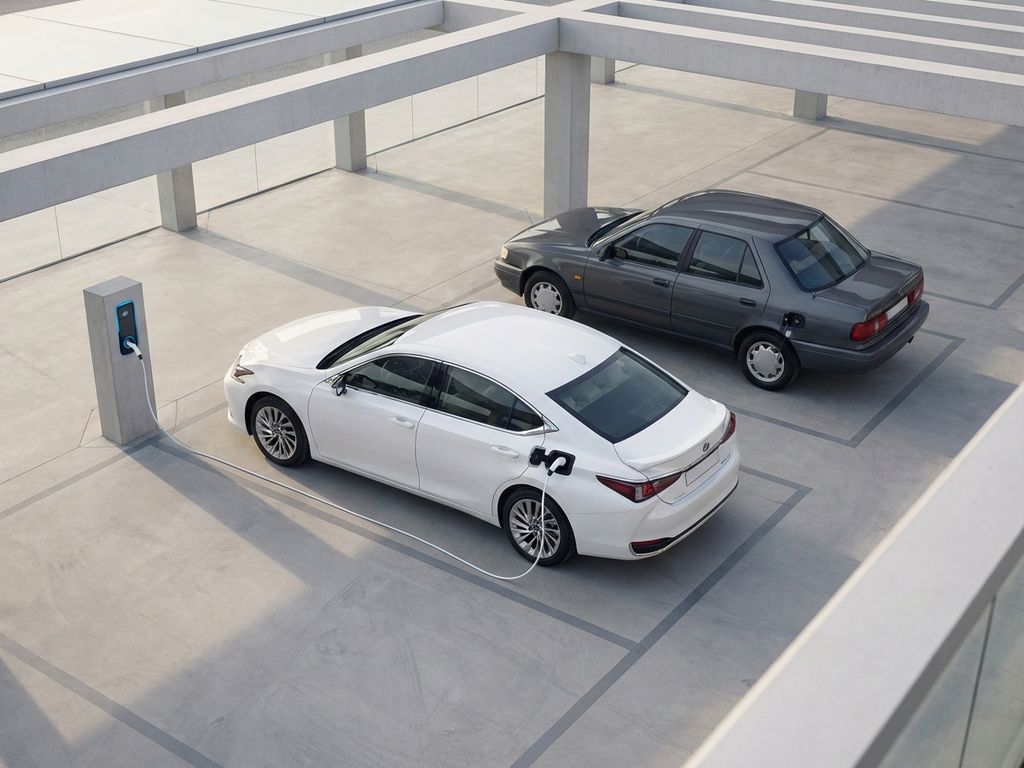 Elektrische auto wordt opgeladen bij moderne laadpaal met traditionele auto op achtergrond in parkeergarage