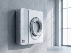 Elektrisch voertuig laadstation met witte kabel tegen betonnen muur, veiligheidscertificaat zichtbaar