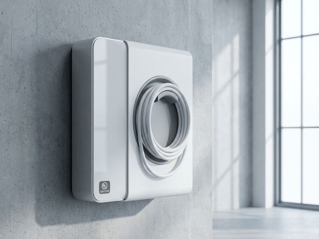 Elektrisch voertuig laadstation met witte kabel tegen betonnen muur, veiligheidscertificaat zichtbaar