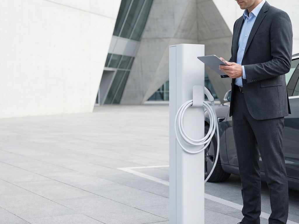 Professionele persoon met tablet bij moderne elektrische laadpaal met witte kabel en minimalistische architectuur