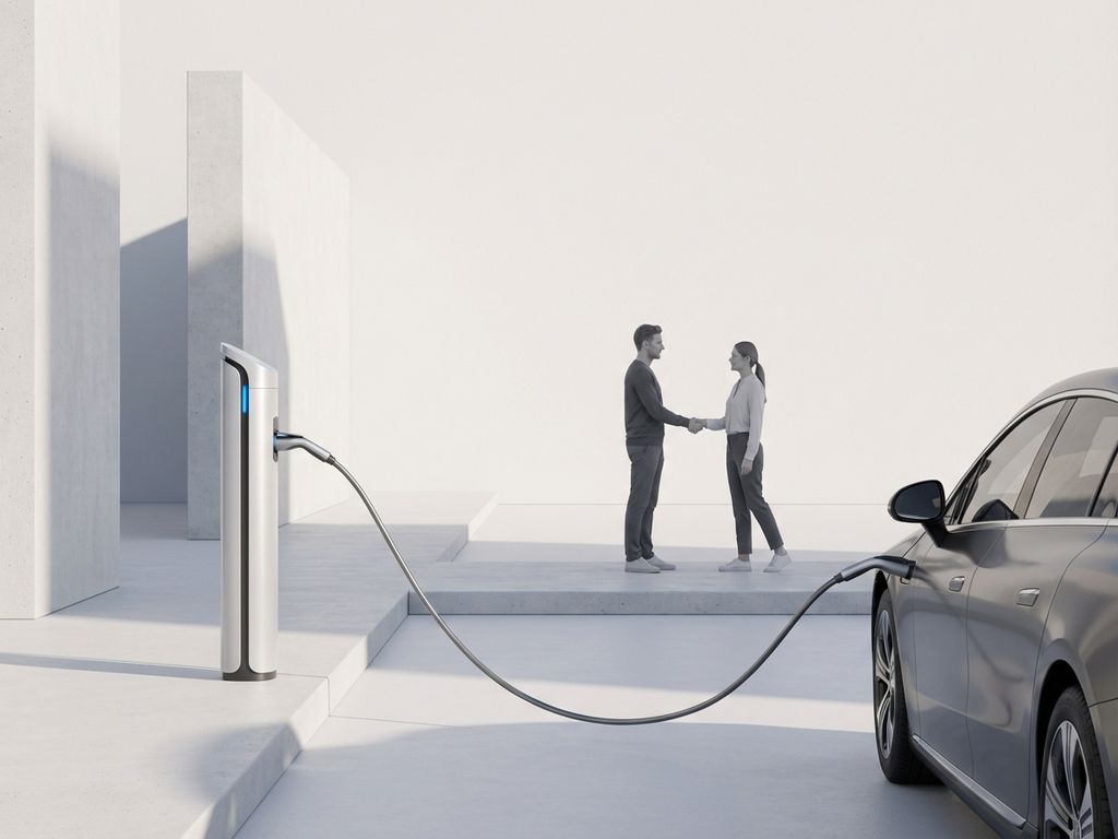 Moderne elektrische laadpaal naast zakelijke handdruk tussen professionals, laadkabel verbindt station met auto