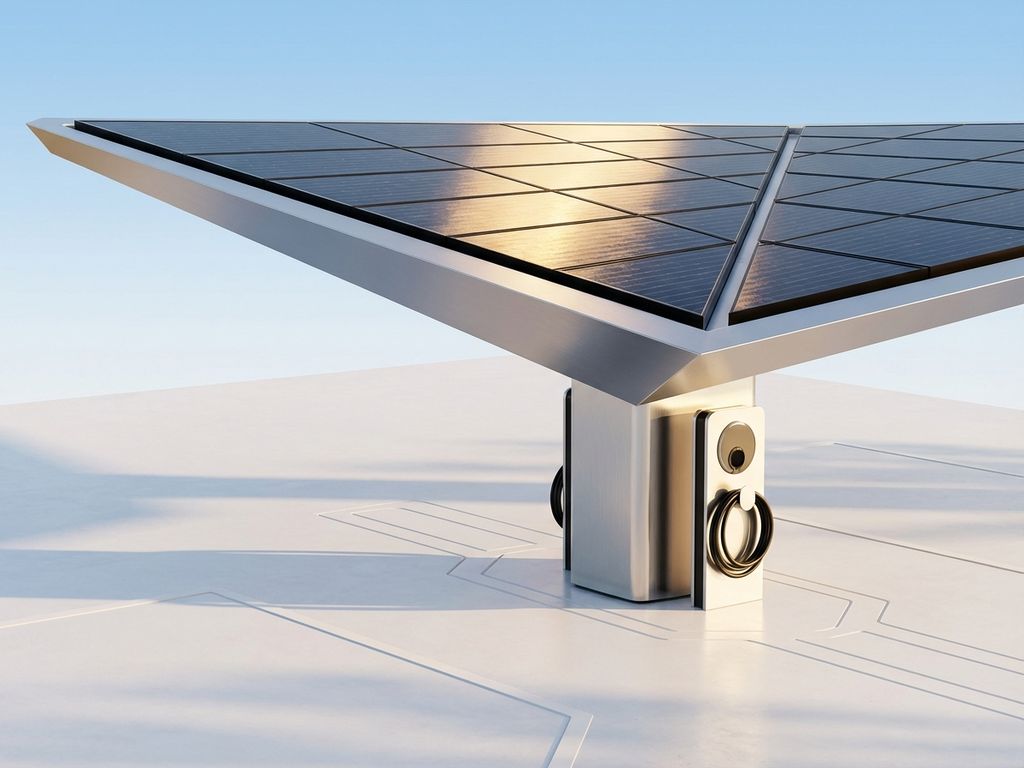 Moderne elektrische laadpaal met zonnepanelen op overkapping, EV-kabel en gouden zonlicht op witte betonvloer