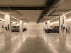 Moderne ondergrondse parkeergarage met elektrische laadstations aan betonnen pilaren en aangesloten elektrische auto