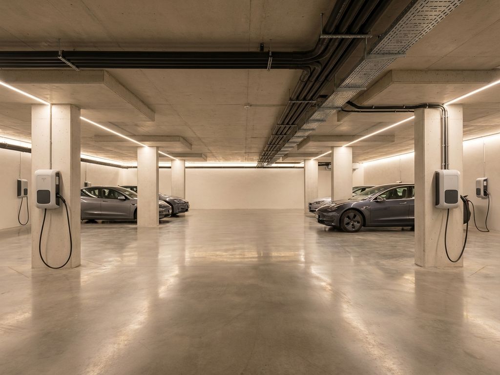 Moderne ondergrondse parkeergarage met elektrische laadstations aan betonnen pilaren en aangesloten elektrische auto