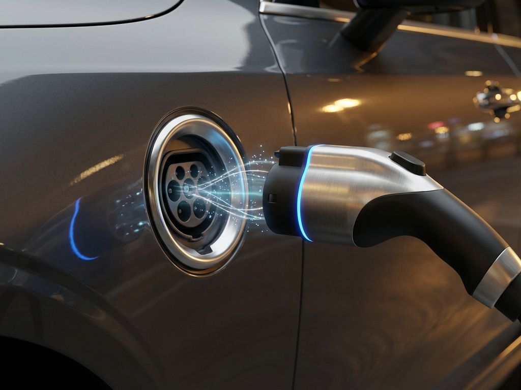 Elektrische auto oplaadpoort met blauwe LED-indicatoren en oplaadkabel klaar om te verbinden