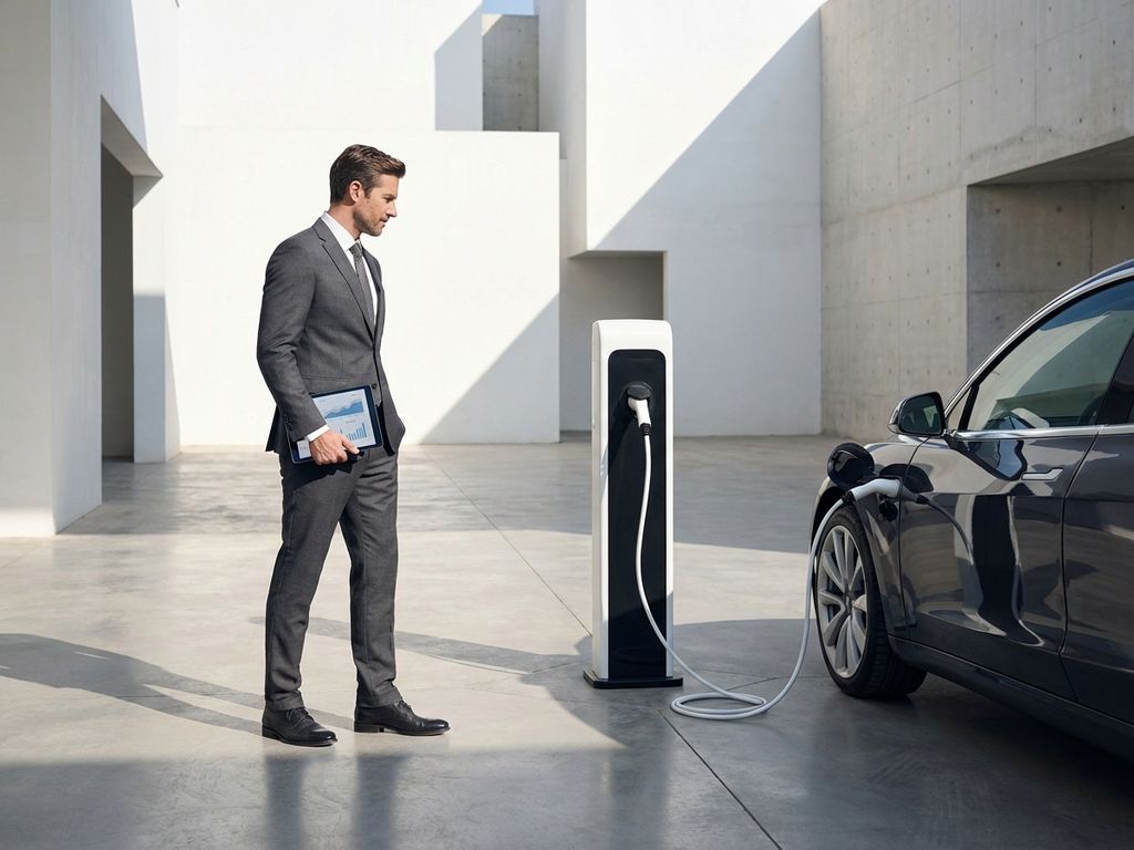 Zakenman in pak bekijkt tablet met financiële grafieken bij elektrische auto oplaadstation in moderne omgeving