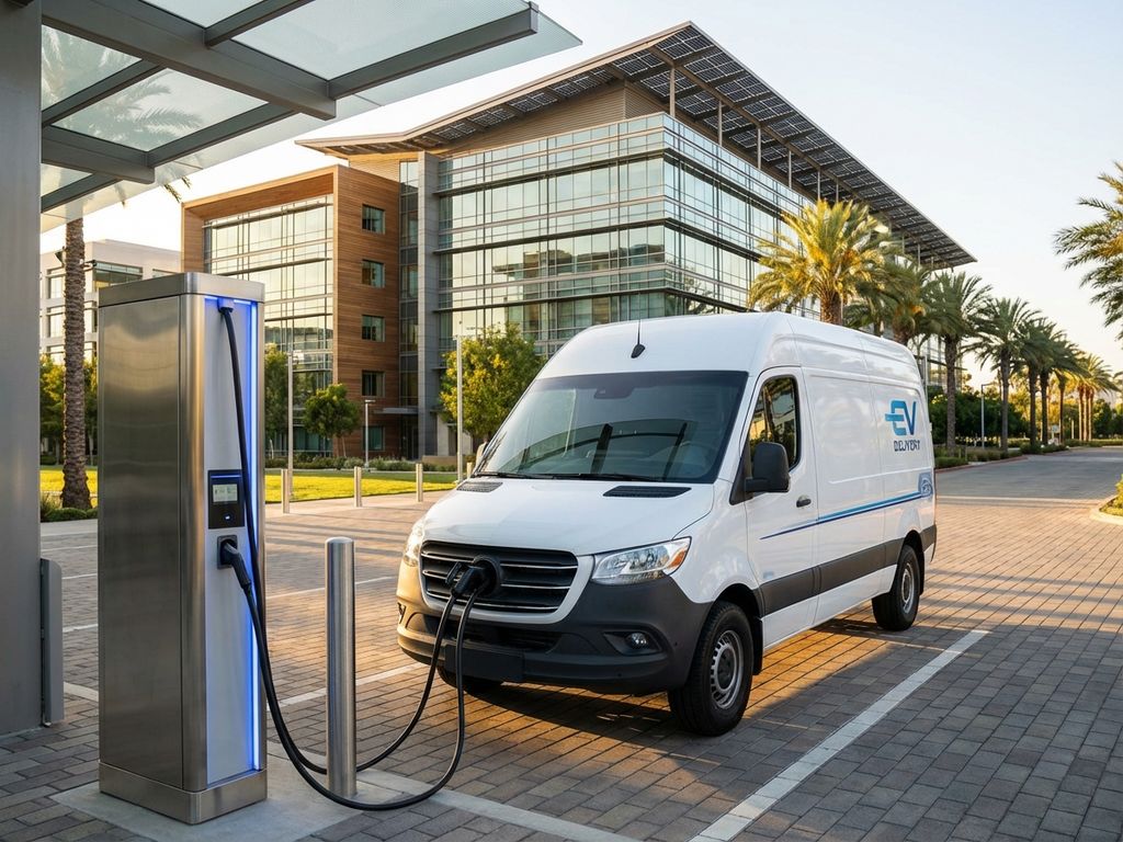 Witte elektrische bestelwagen aan laadstation bij modern bedrijfspand met zonnepanelen op het dak