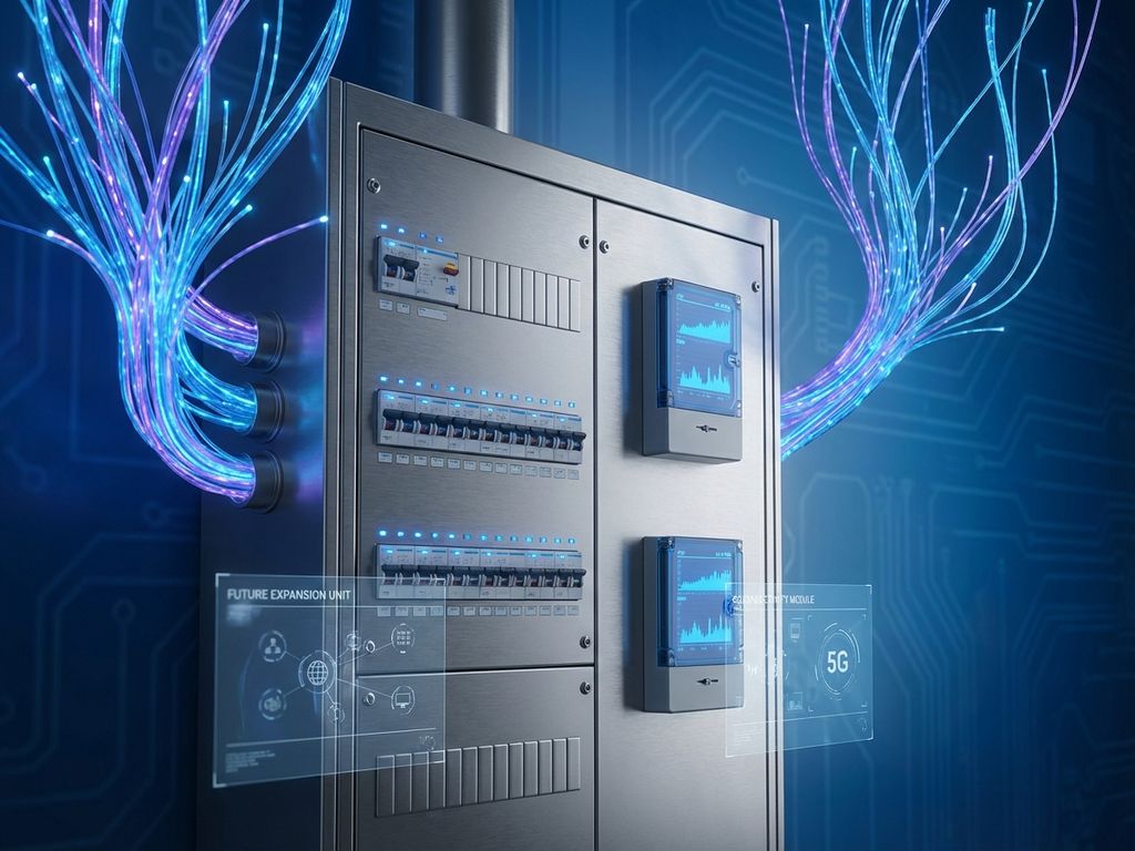 Moderne elektrische verdeelkast met slimme meters en holografische uitbreidingsmodules tegen blauwe achtergrond