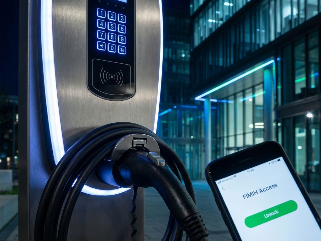 Elektrische laadstation met beveiligingskeypad, RFID-lezer en vergrendelde kabel, smartphone toont toegangscontrole-app