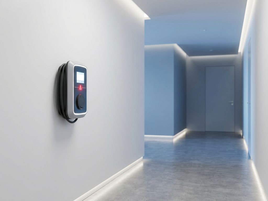 Elektrische auto laadstation met rode foutindicator op witte muur in moderne appartementengang