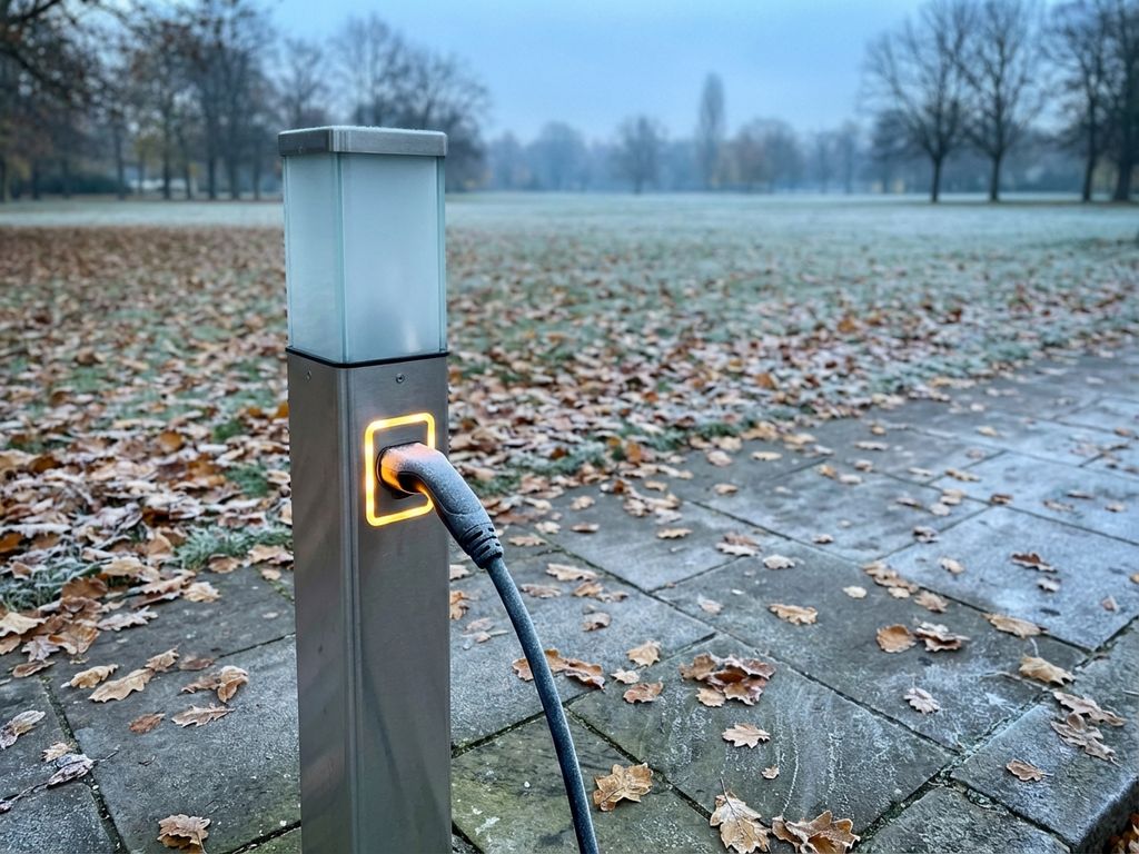 Elektrische laadpaal met gloeiende poort tussen herfstbladeren en rijp, bovenaanzicht in ochtendlicht