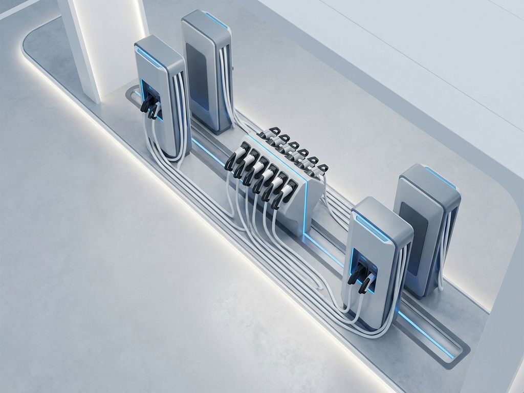 Elektrisch laadstation met meerdere connectoren in geometrisch patroon, witte kabels, minimalistisch design