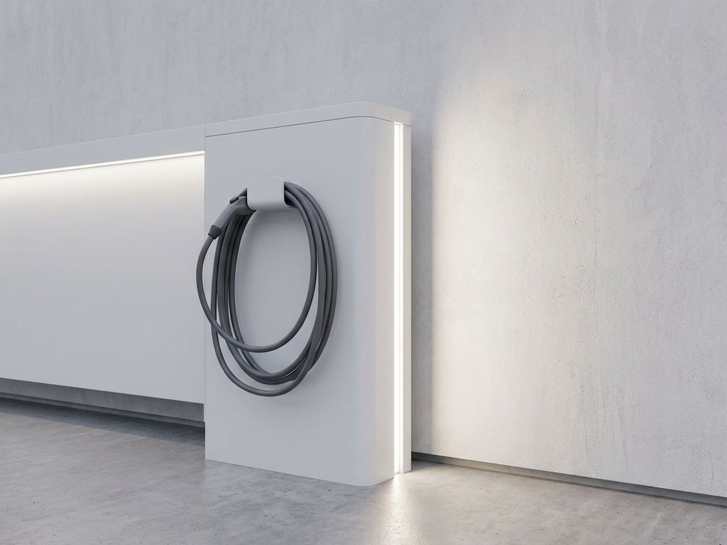 Moderne elektrische laadpaal met wit minimalistische ontwerp en oplaadkabel tegen neutrale achtergrond