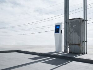 Wit elektrisch laadstation met blauwe LED-display naast bestaande elektrische infrastructuur op betonnen ondergrond
