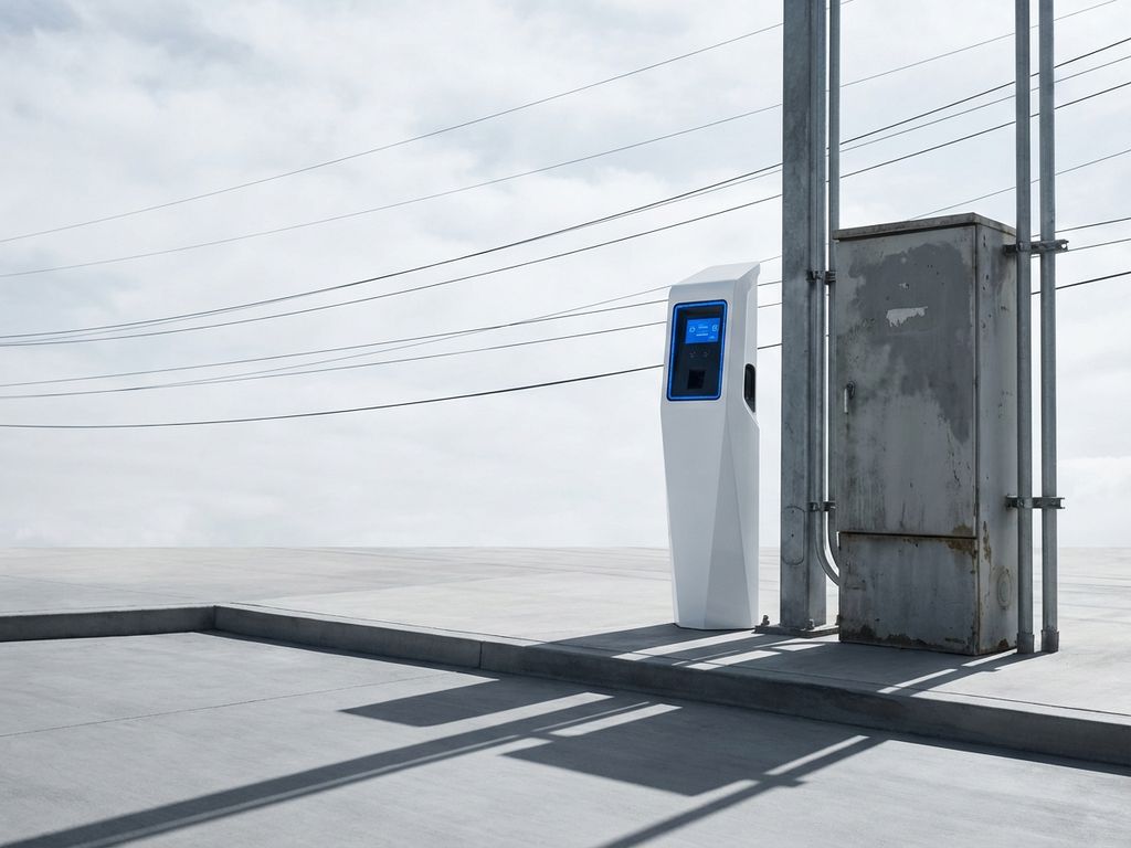 Wit elektrisch laadstation met blauwe LED-display naast bestaande elektrische infrastructuur op betonnen ondergrond