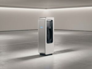 Moderne elektrische laadpaal in lege parkeerplaats met nette kabelorganisatie en blauwe indicator